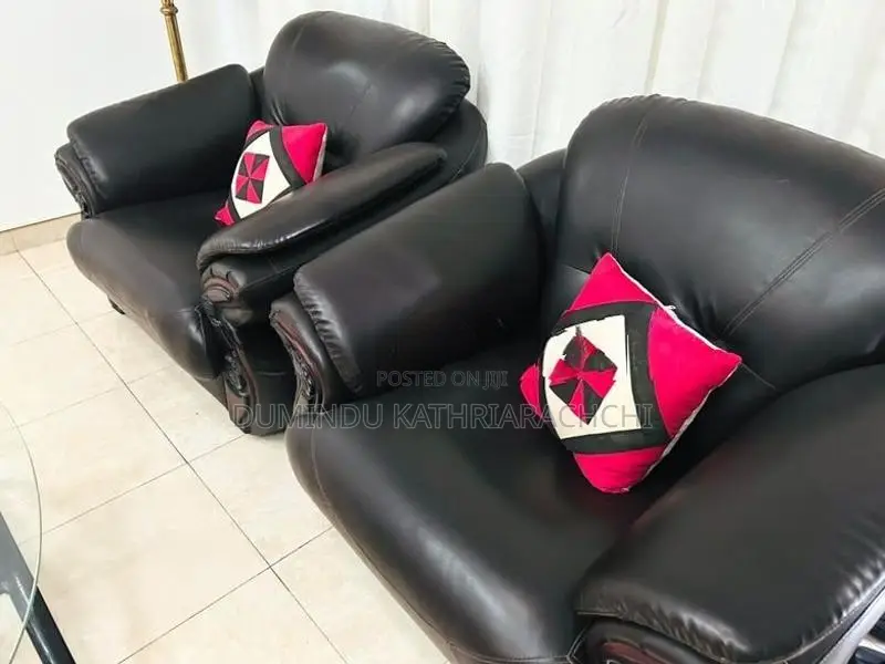 Damro Black Leather Sofa Set (1 Three-Seater + 2 Single Armchairs)