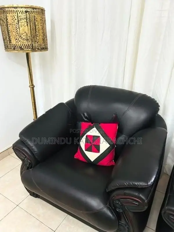 Damro Black Leather Sofa Set (1 Three-Seater + 2 Single Armchairs)